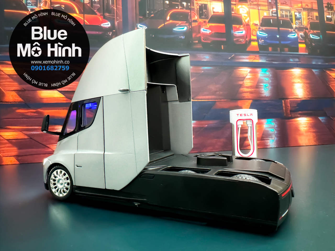 Xe Container Tesla Xe mô hình đầu kéo container Tesla Semi bằng kim loại - Blue Mô Hình